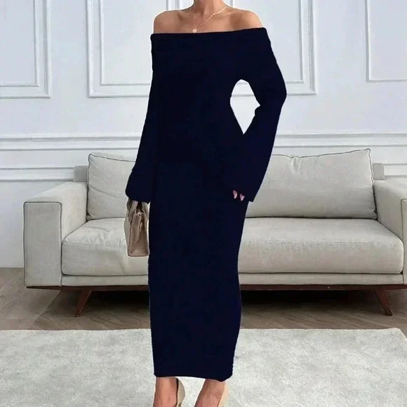 Black Elegant Women's Off Shoulder Sweater Maxi Dress Slim Fit - Picture 5 of 7